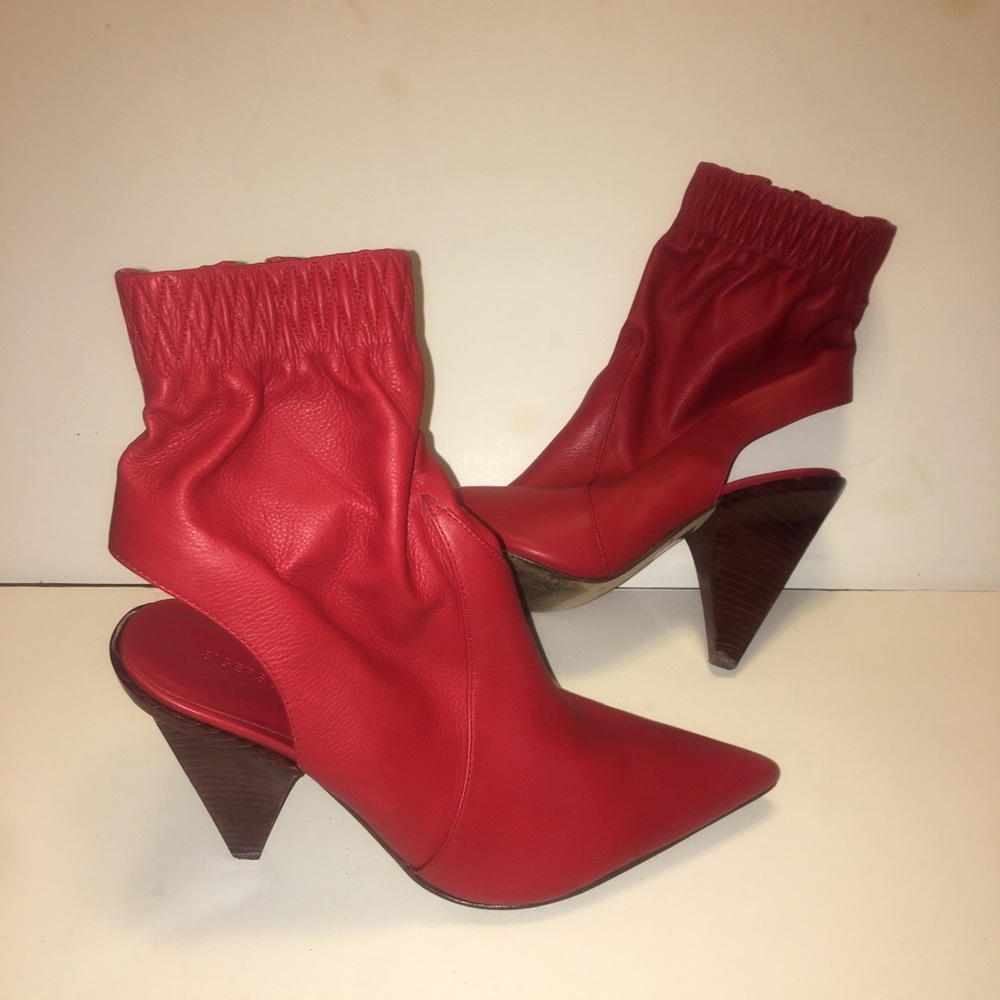 Red leather bootie with peek-a-boo heel